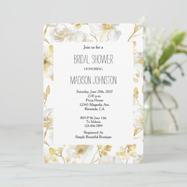 Chic Gold White Flowers Bridal Shower Invitation (Standing Front)