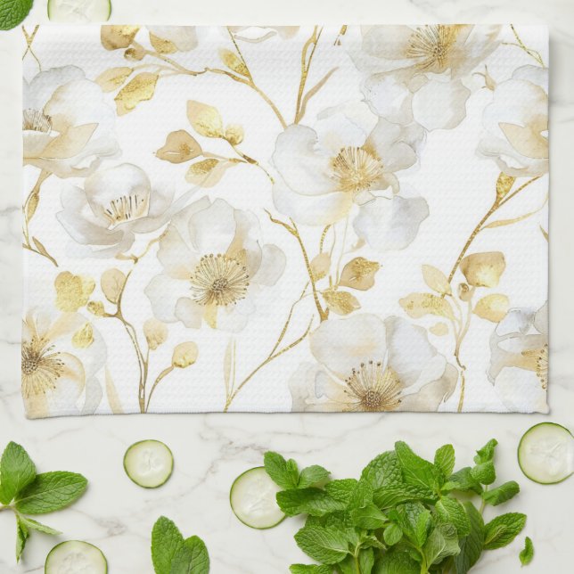 Chic Gold White Flowers Bridal Shower Kitchen Towel (Folded)