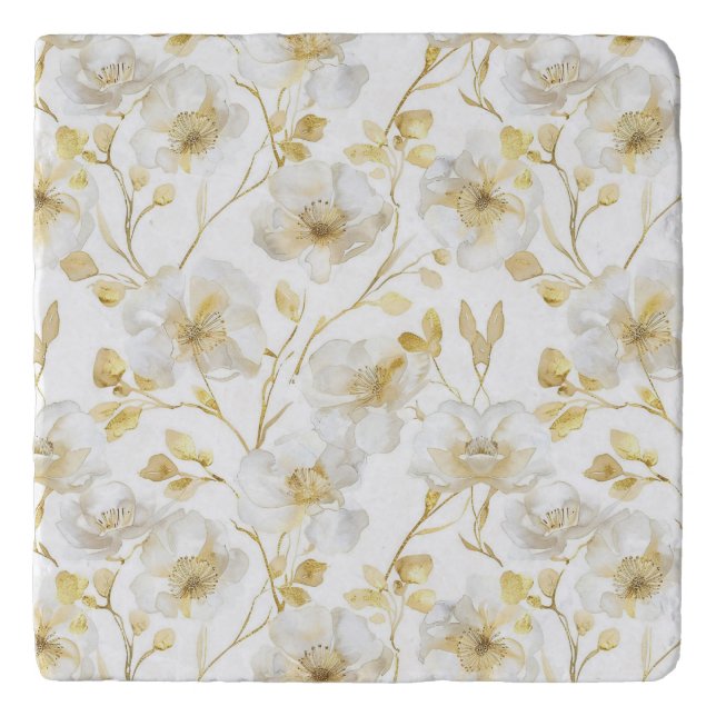 Chic Gold White Flowers Bridal Shower Trivet (Front)