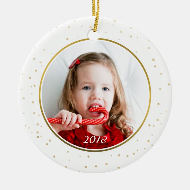 Chic Gold & White Joy Holiday Family Photo Christm Ceramic Ornament (Front)