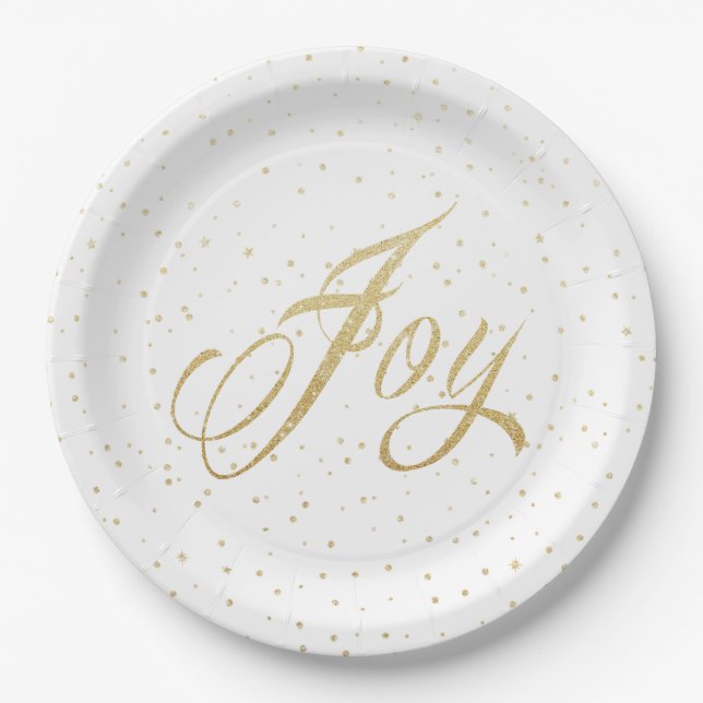 Chic Gold & White Joy Sparkles Christmas Holiday Paper Plates (Front)