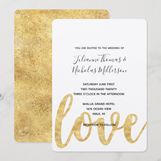 Chic Gold White Love Wedding Invites (Front/Back)