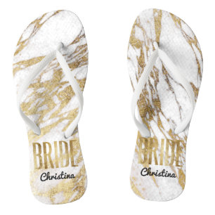 Chic Gold White Marble Bride Wedding Bachelorette Flip Flops