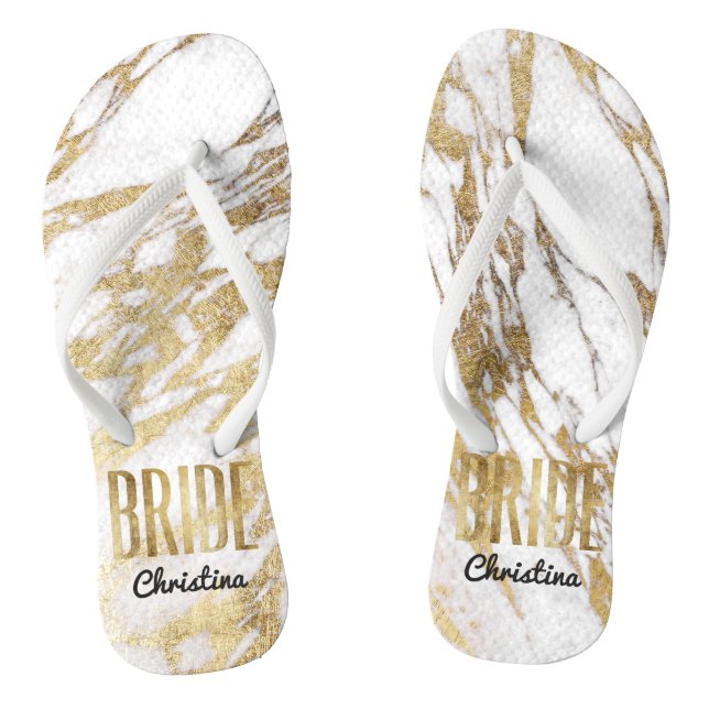 Chic Gold White Marble Bride Wedding Bachelorette Flip Flops (Footbed)