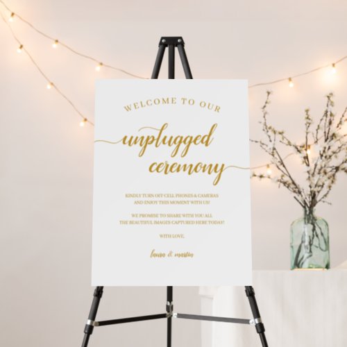 Chic Gold  White Script Unplugged Ceremony Sign