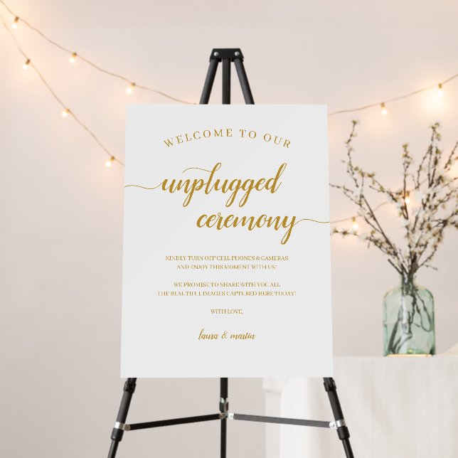 Chic Gold & White Script Unplugged Ceremony Sign (In Situ (Stand))
