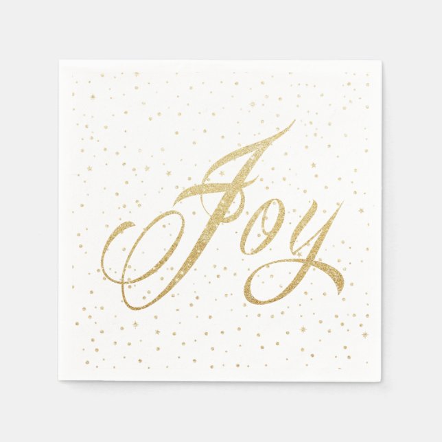 Chic Gold & White Sparkles Joy Christmas Holiday Napkins (Front)