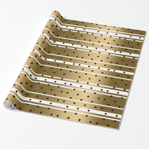 Chic Gold  White Stripes With Black Polka Dots Wrapping Paper