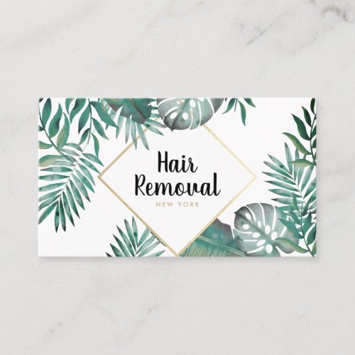 Chic gold white tropical green watercolor leaves business card