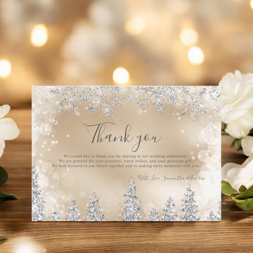 Chic gold Winter silver snow pine wedding Thank You Card