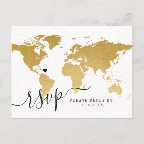Chic Gold World Map with Heart RSVP Postcard