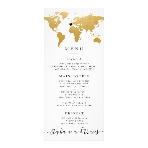 Chic Gold World Map with Optional Heart Menu Card
