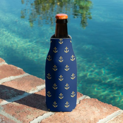 Chic Gold Yellow Anchor Pattern On Dark Navy Blue Bottle Cooler