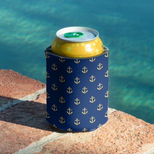 Chic Gold Yellow Anchor Pattern On Dark Navy Blue Can Cooler