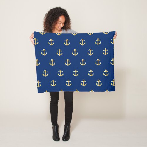 Chic Gold Yellow Anchor Pattern On Dark Navy Blue Fleece Blanket