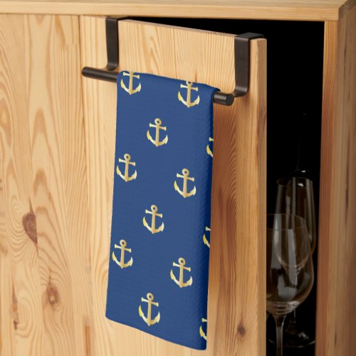 Chic Gold Yellow Anchor Pattern On Dark Navy Blue  Kitchen Towel