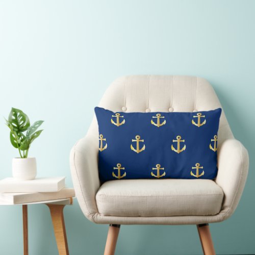 Chic Gold Yellow Anchor Pattern On Dark Navy Blue Lumbar Pillow