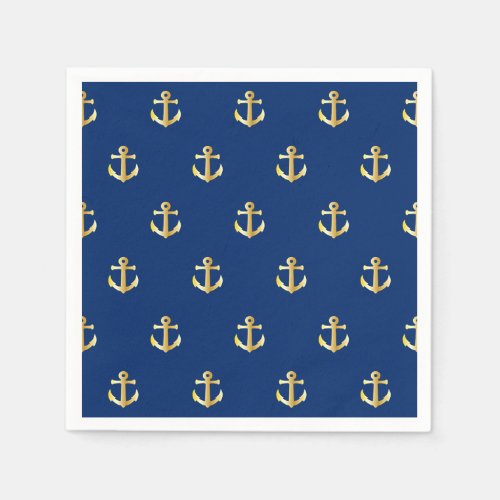 Chic Gold Yellow Anchor Pattern On Dark Navy Blue Napkins