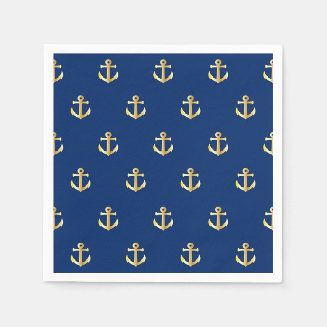 Chic Gold Yellow Anchor Pattern On Dark Navy Blue Napkins (Front)