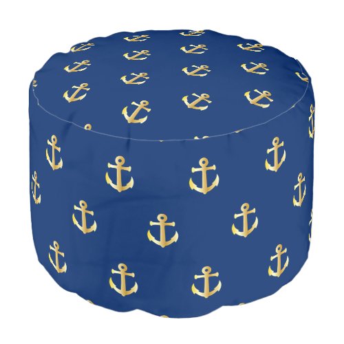 Chic Gold Yellow Anchor Pattern On Dark Navy Blue Pouf