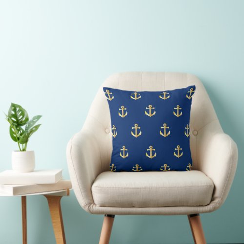Chic Gold Yellow Anchor Pattern On Dark Navy Blue Throw Pillow