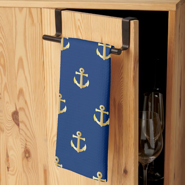 Chic Gold Yellow Anchor Pattern On Dark Navy Blue Towel (Thirds Fold)