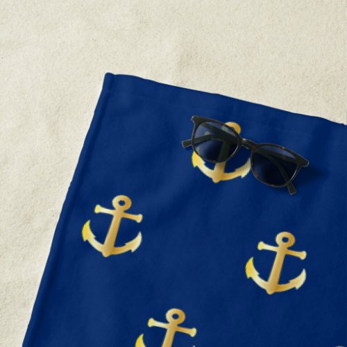 Chic Gold Yellow Colored Nautical Anchors Pattern Beach Towel