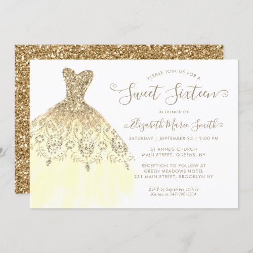 Chic Gold Yellow Glitter Dress Sweet 16th Birthday Invitation