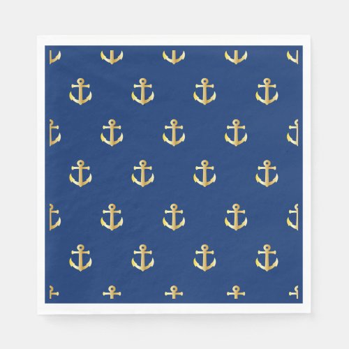 Chic Gold Yellow Nautical Anchors Pattern On Blue Napkins