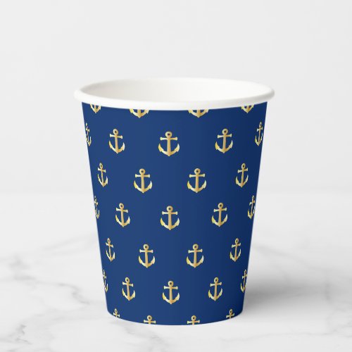 Chic Gold Yellow Nautical Anchors Pattern On Blue  Paper Cups