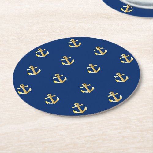 Chic Gold Yellow Nautical Anchors Pattern On Blue Round Paper Coaster