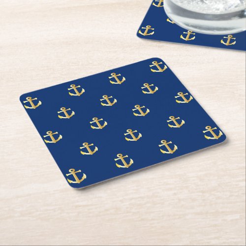 Chic Gold Yellow Nautical Anchors Pattern On Blue Square Paper Coaster