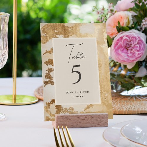 Chic Golden Abstract Watercolor Wedding Table Number