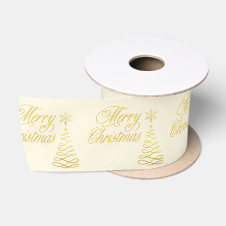 Chic Golden and Cream Yellow Merry Christmas Satin Ribbon