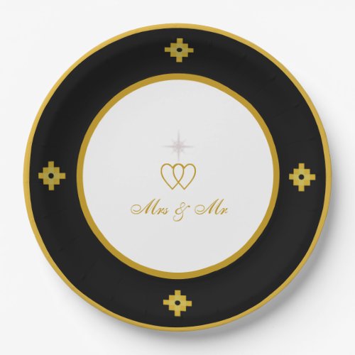 Chic Golden Black  White Wedding Paper Plates