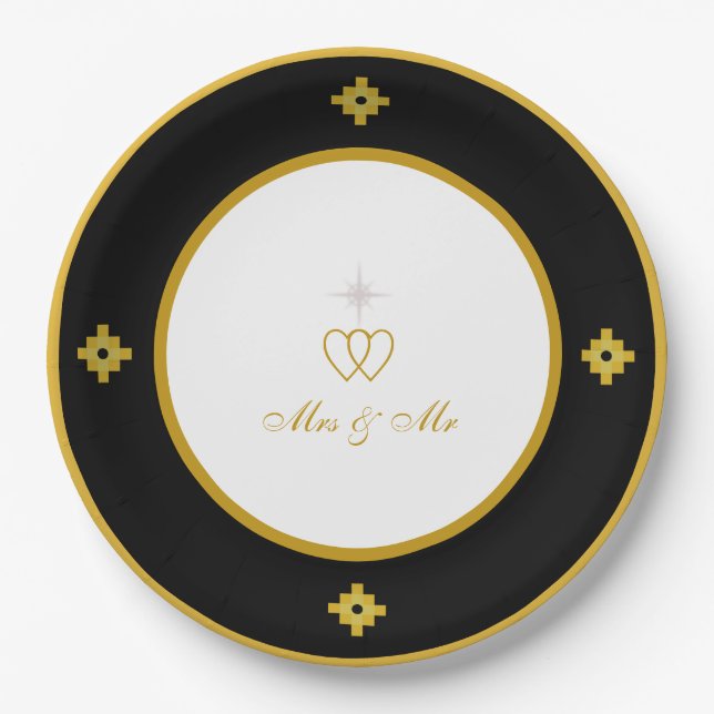 Chic Golden Black & White Wedding Paper Plates (Front)