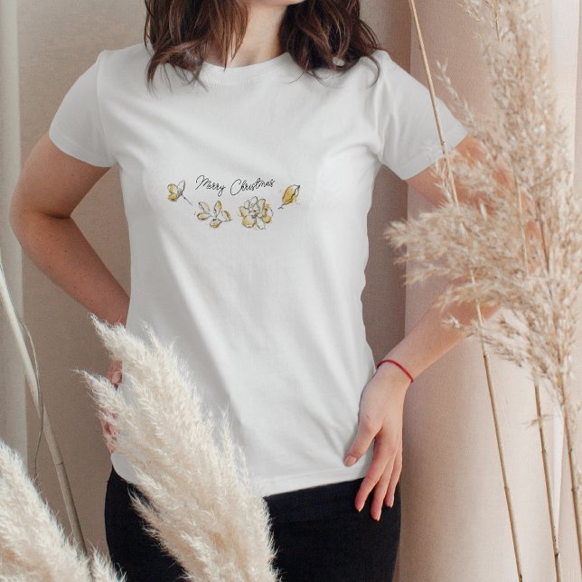 Chic Golden Botanical Floral Merry Christmas T-Shirt (Creator Uploaded)