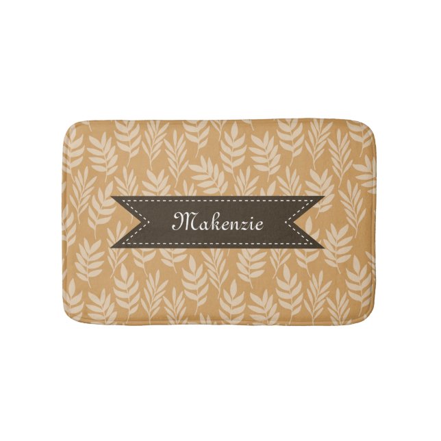 Chic Golden Brown Leaves Pattern With Name Bathroom Mat (Front)