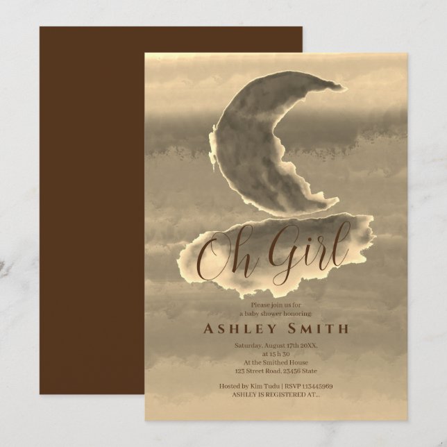 Chic Golden Crescsent Baby Girl Shower Invitation (Front/Back)