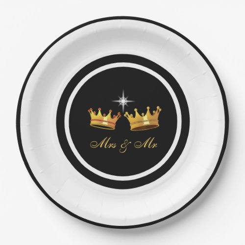 Chic Golden Crowns on Black  White Wedding Paper Plates