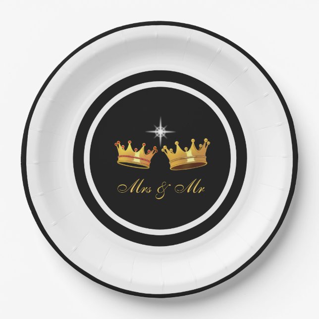 Chic Golden Crowns on Black & White Wedding Paper Plates (Front)