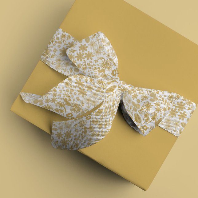 Chic Golden Ditzy Floral Satin Ribbon (Golden yellow ditzy floral watercolor ribbon)