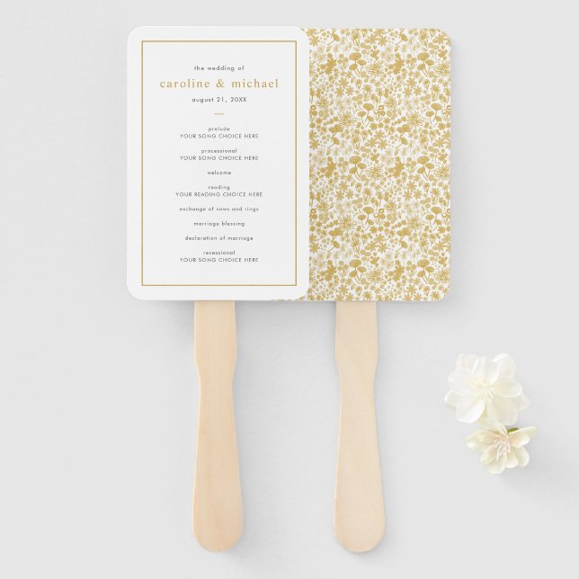 Chic Golden Ditzy Floral Wedding Program Hand Fan (Front and Back)