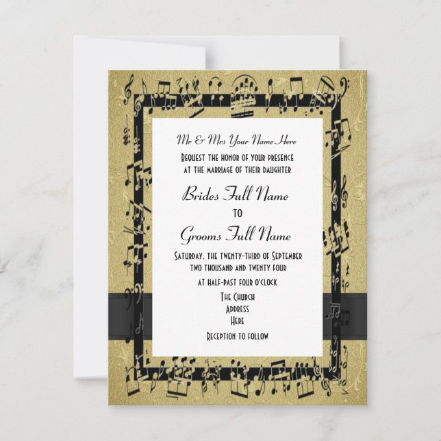 Chic golden elegant music sheet formal wedding invitation (Front)
