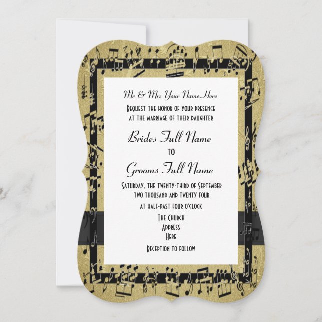 Chic golden elegant music sheet formal wedding invitation (Front)