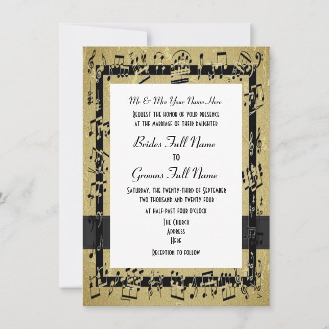 Chic golden elegant music sheet formal wedding invitation (Front)