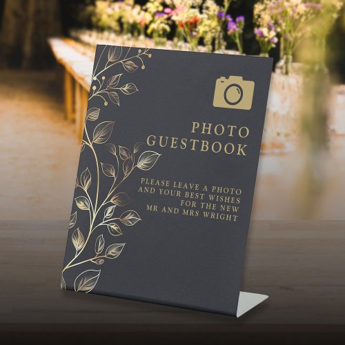 Chic Golden Floral Photo Guest Book Wedding Pedestal Sign