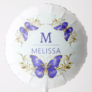 Chic Golden Flowers & blue butterflies monogrammed Balloon
