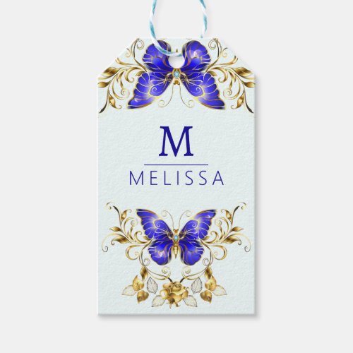 Chic Golden Flowers  blue butterflies monogrammed Gift Tags