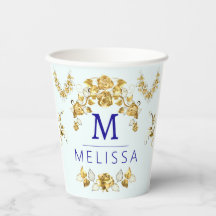 Chic Golden Flowers & blue butterflies monogrammed